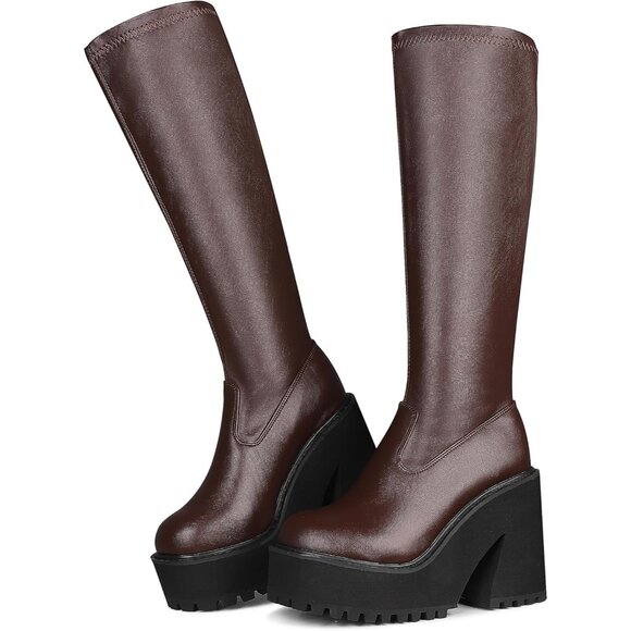 Aminugal Womens Brown Synthetic Chunky Block High Heel Knee High Platform Boots - Picture 4 of 6